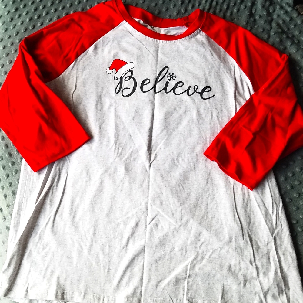 Holiday "Believe" Red and Light Gray Baseball Tee